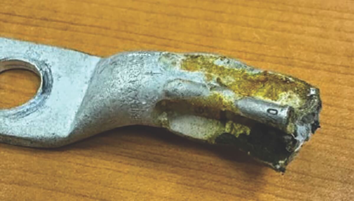 A poorly implemented, nonuniform crimp on the cable
termination caused discoloration and was the culprit of electrical
discharges that would’ve led to cable failure.